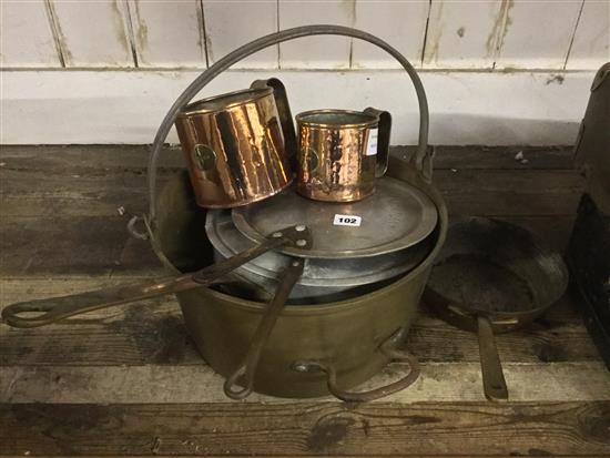 Heavy Victorian brass preserve pan, together with a collection of copper pots